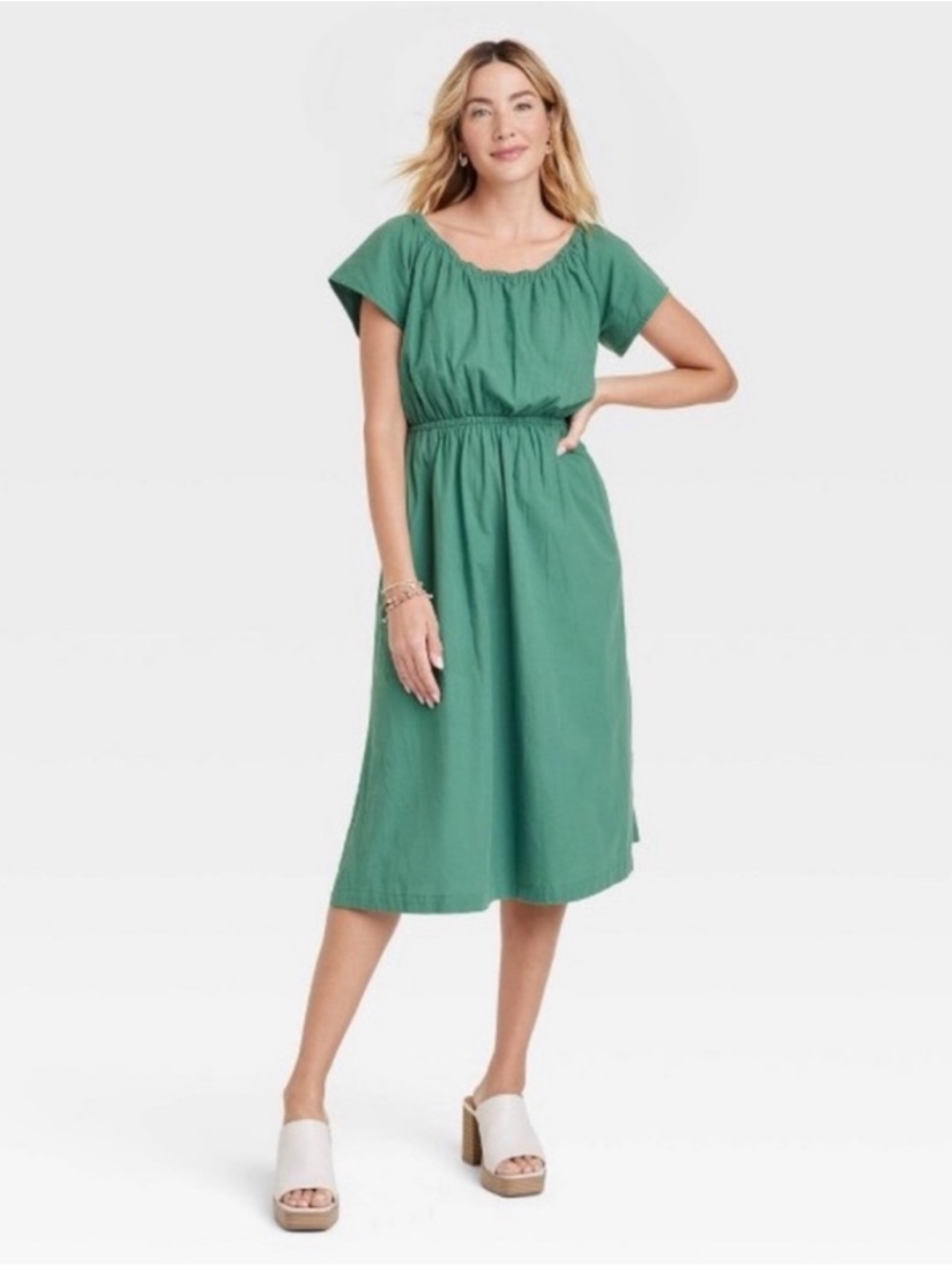 Universal Thread Green Short-Sleeve Elastic-Waist Cotton Open Back Midi Dress